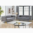 2-Piece Grey Velvet Tufted Square-Arm Sofa Set – Button Upholstery, Metal Legs