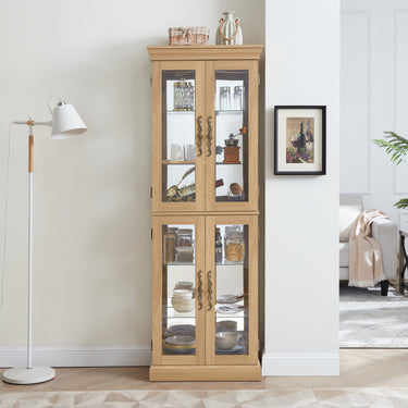 Lighted Glass Display Cabinet with Wood Frame – Curio and Wine Storage Cabinet for Living Room or Kitchen, Light Oak FinishMUTUKISPACE