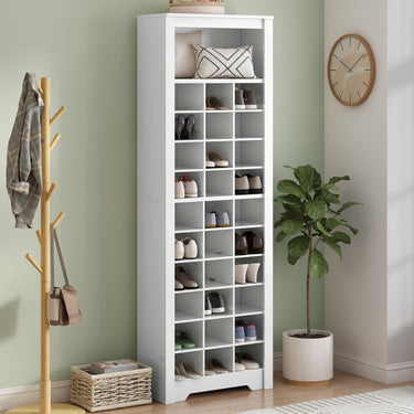 Modern 30 - Cubby Shoe Storage Cabinet, Freestanding Tall White Organizer for Hallway or Bedroom, Contemporary Shoe Console with Ample CapacityMUTUKISPACE