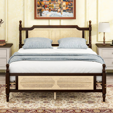Queen Pine Wood Bed Frame with Rattan Headboard & Footboard and Reinforced Platform BaseMUTUKISPACE