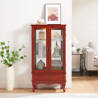 Cherry Lighted Glass Display Cabinet, Curio Wine Cabinet with Adjustable Glass Shelves, 2 Doors and 1 Drawer, Bulb IncludedMUTUKISPACE