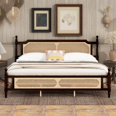 King Pine Wood Bed Frame with Rattan Headboard & Footboard and Reinforced Platform Base in Espresso FinishMUTUKISPACE