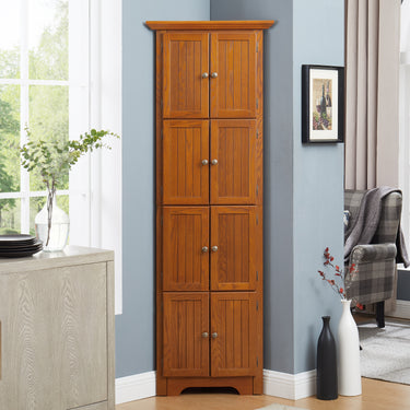 72" Oak Corner Pantry Cabinet with 8 Doors, Farmhouse Kitchen Storage Cabinet with Adjustable Shelves, Freestanding Bookshelf for Bathroom or Living RoomMUTUKISPACE