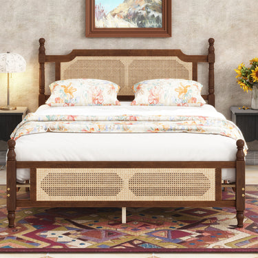 Queen Pine Wood Bed Frame with Rattan Headboard & Footboard and Reinforced Platform SupportMUTUKISPACE