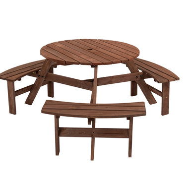6 - Person Outdoor Circular Wooden Picnic Table 3 Built - in Benches, 1720lb Capacity (Brown)MUTUKISPACE