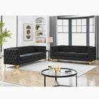 2-Piece Black Velvet Tufted Square-Arm Sofa Set – Button Upholstery, Metal Legs