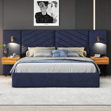 Modern King Velvet Upholstered Platform Bed with Wingback Tufted Headboard, No Box Spring Needed, Royal BlueMUTUKISPACE