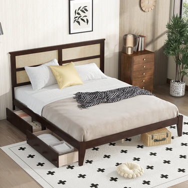 King Rubber Wood Bed Frame with Rattan Headboard, 2 Storage Drawers & Reinforced Platform Base in Espresso FinishMUTUKISPACE
