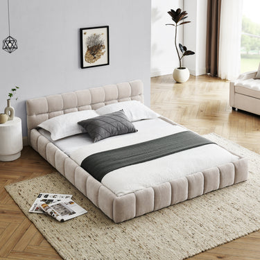 Modern Queen Size Upholstered Platform Bed with Chenille Fabric and Headboard, No Box Spring Needed, BeigeMUTUKISPACE