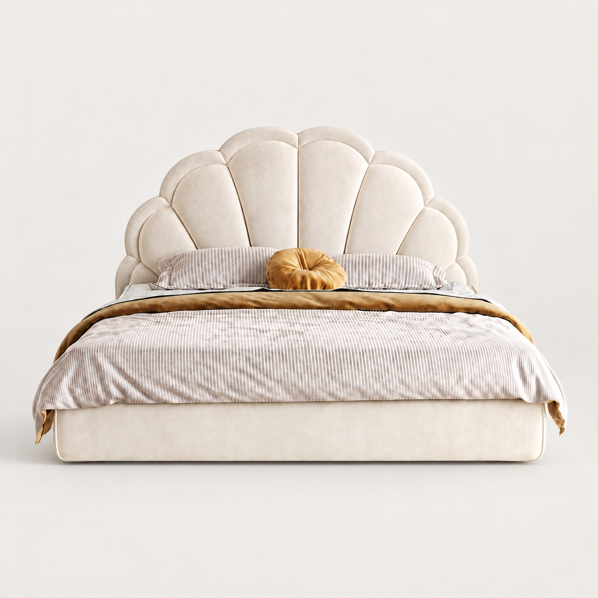 Scalloped Upholstered Bed — studio presentation with AI-edited background