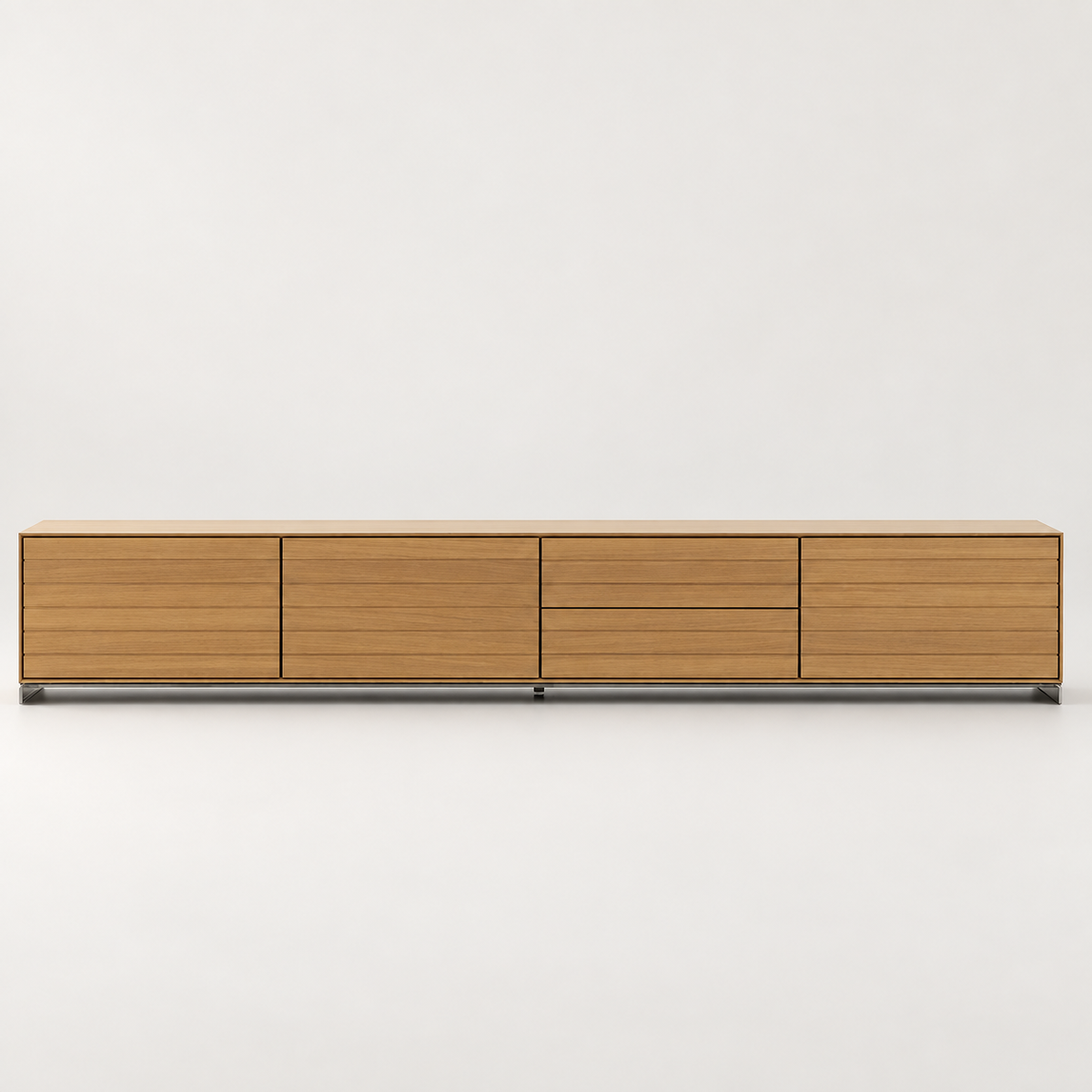Low-Profile Wood TV Stand — studio presentation with AI-edited background