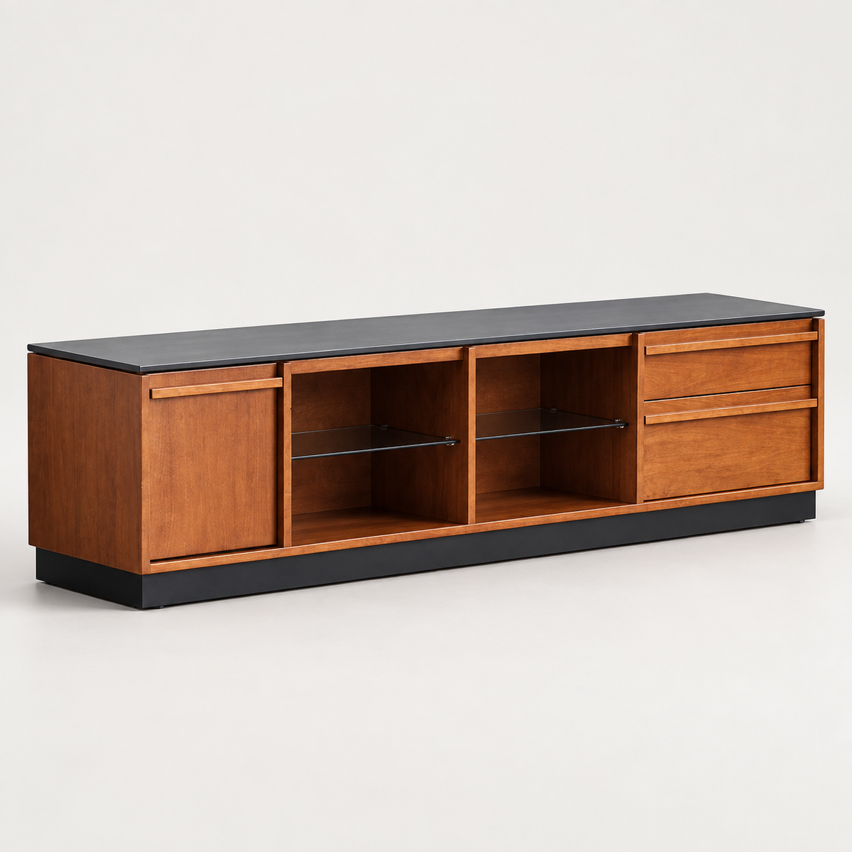 Wood TV Stand with Open Shelves — studio presentation with AI-edited background