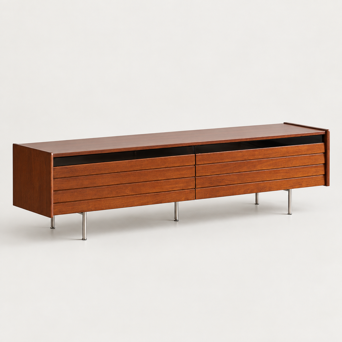Slatted Wood TV Stand — studio presentation with AI-edited background