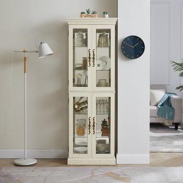 Antique White Lighted Glass Curio Cabinet, Wood Frame Display Cabinet for Wine, Toys, and Storage, with Adjustable Shelves and Bulb Included for Living Room or KitchenMUTUKISPACE