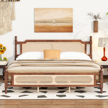 King Pine Wood Bed Frame with Rattan Headboard & Footboard and Reinforced Platform BaseMUTUKISPACE