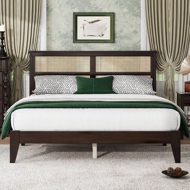 Queen Solid Rubber Wood Bed Frame with Rattan Headboard and Reinforced Support FeetMUTUKISPACE