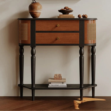 Ash and Cherry Wood Cabinet with Rattan Accents - Timeless Design for Your Home