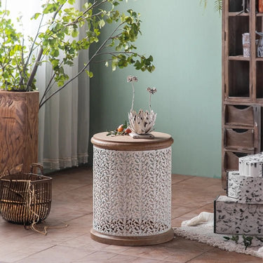 Round Pine Tea Table with Intricate Carved Design - Stylish and Elegant Centerpiece hdst - 4301MUTUKISPACE