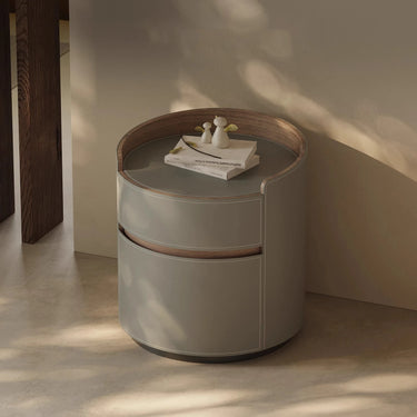 Round Bedside Cabinet with Multi-Layer Board & Leather Finish – Stylish Bedroom Storage