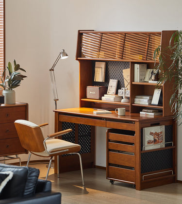 Solid Wood Desk with Integrated Bookshelf Vintage Multifunctional Study Table mu - yhsz - deskMUTUKISPACE