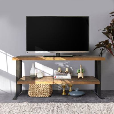 Natural Reclaimed Wood Media Console Table w/ Black Finish & Single Shelf