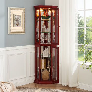 Lighted Corner Glass Curio Cabinet with Tempered Glass Door, Bar Display Cabinet with Adjustable Shelves and Bulb IncludedMUTUKISPACE