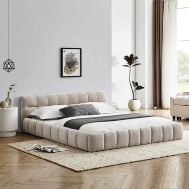 Queen Size Upholstered Bed Frame with Thick Fabric, Chenille Fabric Grounded Queen Size Platform Bed with Headboard and Solid Frame. No Box Spring Needed, Beige(68''*86.5''*23.5'')MUTUKISPACE