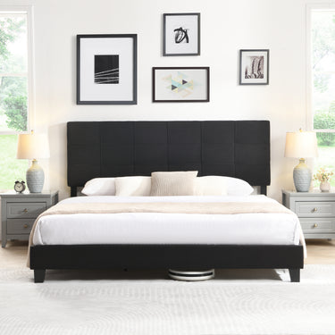 King Size Upholstered Platform Bed Frame with Linen Fabric Headboard, No Box Spring Needed, Wood Slat Support, Easy Assembly, BLACKMUTUKISPACE