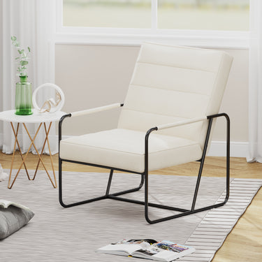 Modern Metal Framed Armchair with Beige Technical Leather, Stylish & Comfortable Indoor Lounge Accent Chair for Living Room, Office,BedroomMUTUKISPACE