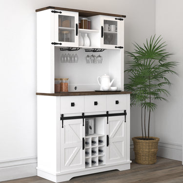 Farmhouse Bar Cabinet with Sliding Barn Door, 70" Rustic Buffet Cabinet with Storage Shelves, Liquor Cabinet with Wine and Glasses Rack, Sideboard Cupboard for Kitchen, Dining RoomMUTUKISPACE
