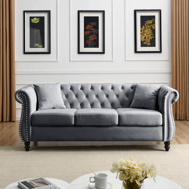 80" Chesterfield Sofa Grey Velvet for Living Room, 3 Seater Sofa Tufted Couch with Rolled Arms and Nailhead for Living Room, Bedroom, Office, Apartment, two pillowsW834S00009MUTUKISPACE