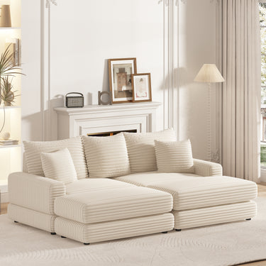 86.6Inch Corduroy 3 - seater sofa With 3 back pillows , 2 toss pillows and two ottoman ,Comfy Sofa - Deep Seat Couch for Living RoomMUTUKISPACE