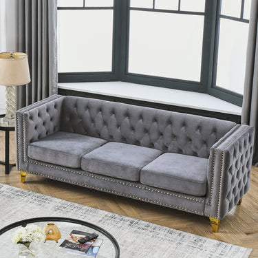 Velvet Sofa for Living Room,Buttons Tufted Square Arm Couch, Modern Couch Upholstered Button and Metal Legs, Sofa Couch for Bedroom, Grey Velvet(W834S00020)MUTUKISPACE