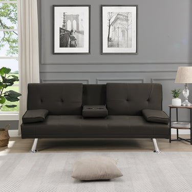 Sofa Bed with Armrest two holders WOOD FRAME, STAINLESS LEG, FUTON BROWN PVC,DARK BROWNMUTUKISPACE