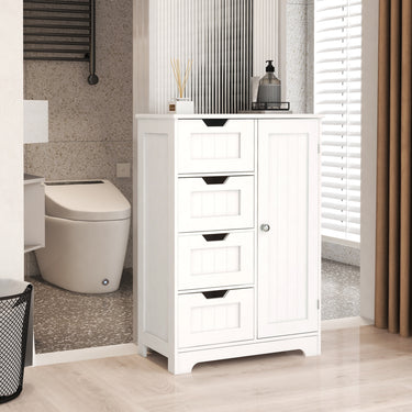 White freestanding floor storage cabinet with adjustable shelves, 4 drawers and 1 doorMUTUKISPACE