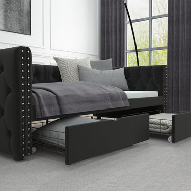 Twin Size Daybed with Drawers Upholstered Tufted Sofa Bed, with Button on Back and Copper Nail on Waved Shape Arms, velvet(79.5"x41.5"x26.5")MUTUKISPACE