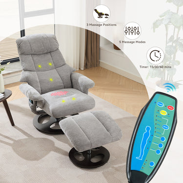 Grey Ergonomic Swivel Recliner Chair with Ottoman – Modern Massage Lounge Chair with Heat, Adjustable Backrest & Chenille Fabric for Home or OfficeMUTUKISPACE