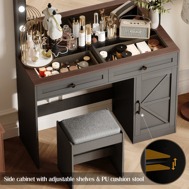 43.4"Makeup Vanity Table, Makeup Table with Large Mirror and 11 LED Light , Brightness Adjustable, Dressing Table Desk with 3 Drawers, Vanity Desk for Women(Black with Stool)MUTUKISPACE