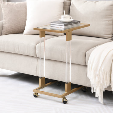 Golden Side Table, Acrylic Sofa Table, Glass Top C Shape Square Table with Metal Base for Living Room, Bedroom, Balcony Home and OfficeMUTUKISPACE