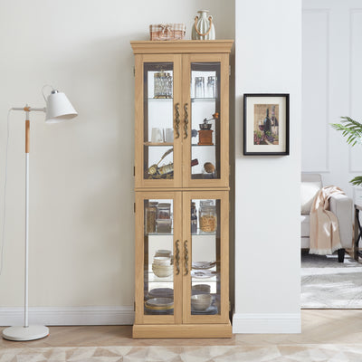 Lighted Glass Display Cabinet with Wood Frame – Curio and Wine Storage Cabinet for Living Room or Kitchen, Light Oak Finish