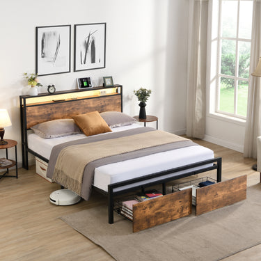 Full Size Bed Frame with Storage Headboard and 2 Drawers, LED Lights Bed with Charging Station, Metal Platform Bed No Noise, Mattress Foundation Strong Metal Slats Support No Box Spring NeededMUTUKISPACE