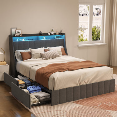 Queen Size Bed Frame with LED, 4 Under - bed Portable Storage Drawers, Wings Headboard Design, Dark GreyMUTUKISPACE
