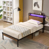 Twin Size Metal Platform Bed Frame with Wooden Headboard and Footboard with USB LINER, LED Lights ,No Box Spring Needed, Large Under Bed Storage, Easy AssembleMUTUKISPACE