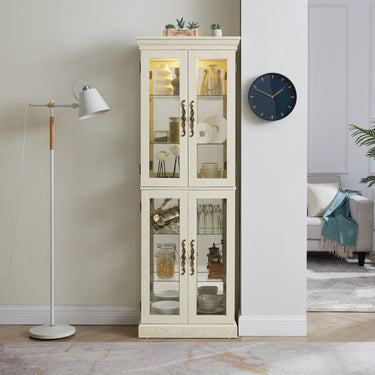 Antique White Lighted Glass Curio Cabinet, Wood Frame Display Cabinet for Wine, Toys, and Storage, with Adjustable Shelves and Bulb Included for Living Room or KitchenMUTUKISPACE