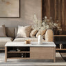 47 Inch Modern Farmhouse Double Drawer Coffee Table for Living Room or Office , Tobacco Wood and White MarbleMUTUKISPACE