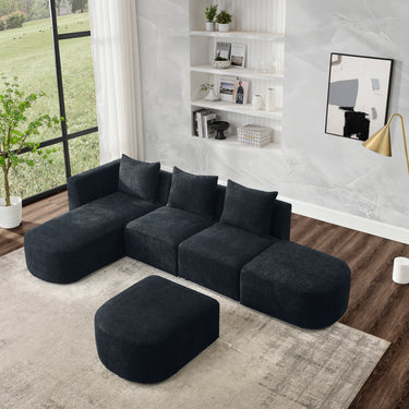 L Shape Sectional Sofa including Two Single Seats, Left Side Chaise and Two Ottomans, Modular Sofa, DIY Combination, Loop Yarn Fabric, BlackMUTUKISPACE