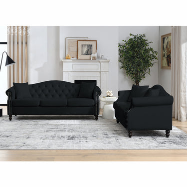 79" Chesterfield Sofa Black Velvet for Living Room, 3 Seater Sofa Tufted Couch with Rolled Arms and Nailhead for Living Room, Bedroom, Office, Apartment, 3S+2SMUTUKISPACE