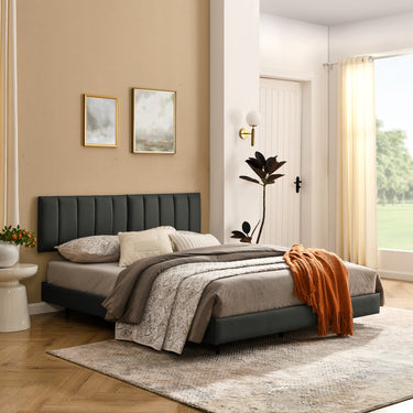 Queen Floating Bed Frame with Wall Mounted Headboard Modern Low Profile Platform Bed Frame Queen Size Faux Leather Upholstered Platform Bed Frame,No Box Spring Needed,GreyMUTUKISPACE
