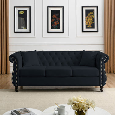 80" Chesterfield Sofa Black Velvet for Living Room, 3 Seater Sofa Tufted Couch with Rolled Arms and Nailhead for Living Room, Bedroom, Office, Apartment, two pillowsMUTUKISPACE