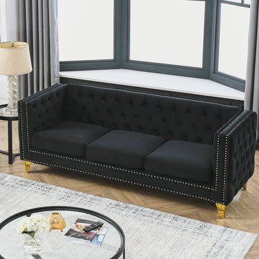 Velvet Sofa for Living Room,Buttons Tufted Square Arm Couch, Modern Couch Upholstered Button and Metal Legs, Sofa Couch for Bedroom, Black Velvet(W834S00022)MUTUKISPACE